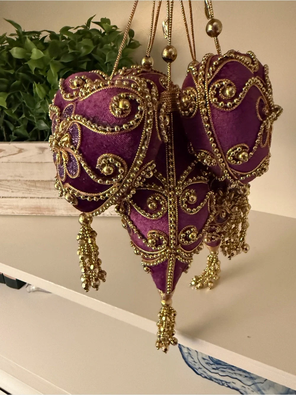 Jeweled Purple/Gold Velvet Beaded Christmas Ornaments Tassel Victorian Holiday